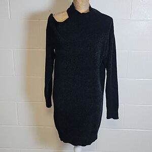 Super Soft Chenille Mock Neck One Shoulder tunic Sweater Dress Black ee:some